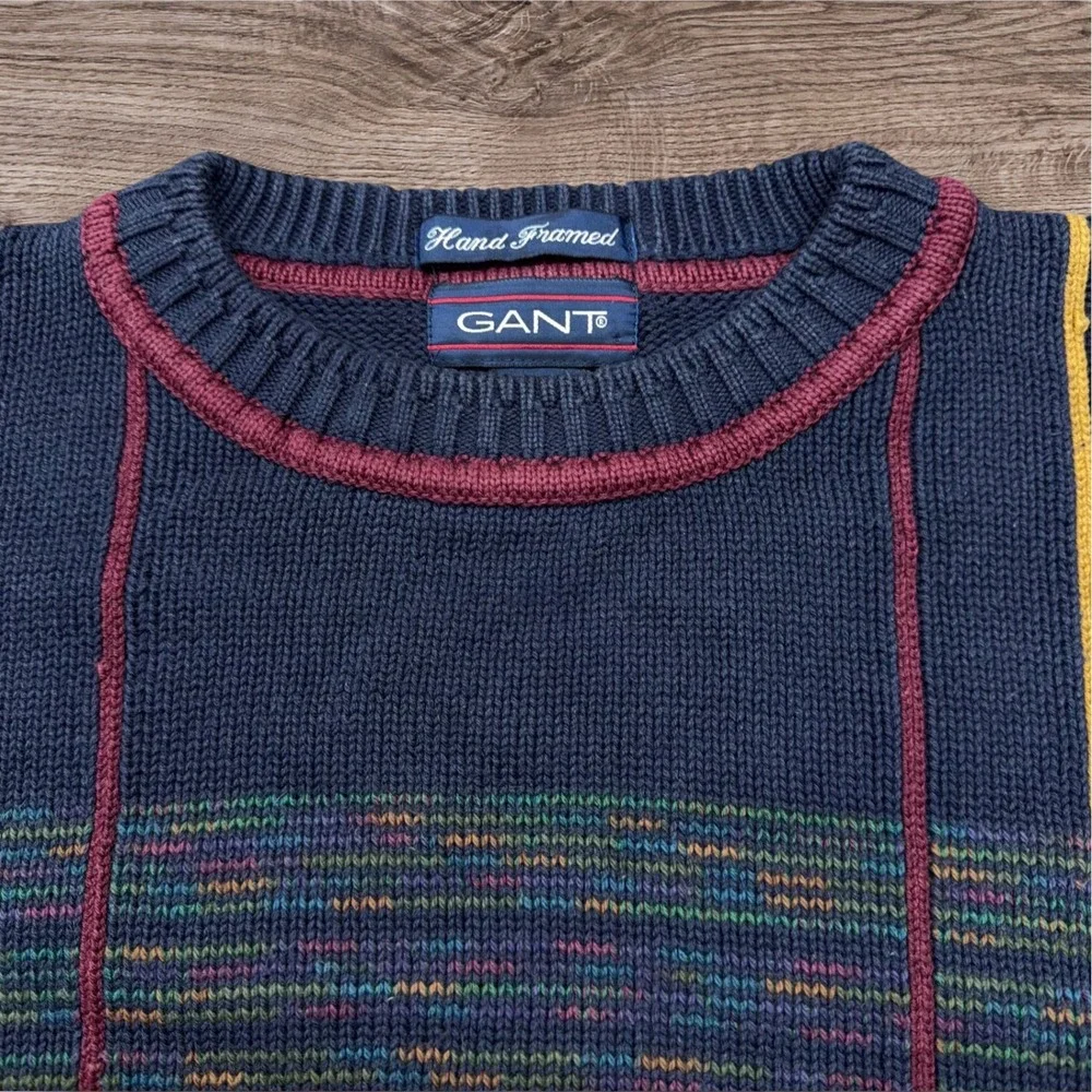 Vtg Gant Mens XL Navy Blue Cotton Golfer Embroidered Knit Sweater Hand Framed